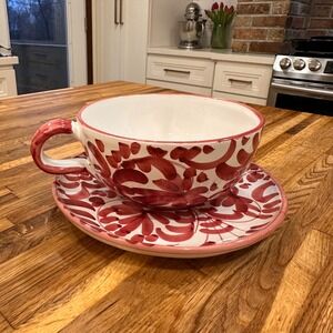 Italian Ceramic Hand Painted Oversized Soup Cup Saucer Red Floral Cottagecore
